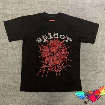 2022 Kırmızı Web Puf Baskı Sp5der T-shirt Erkekler Kadınlar 1: 1 Kaliteli Örümcek Tee Siyah 555555 Üstleri Hip Hop Genç Thug Kısa Kollu